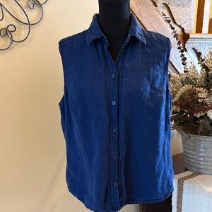Eddie Bauer Navy Sleeveless Linen Button-Down Shirt